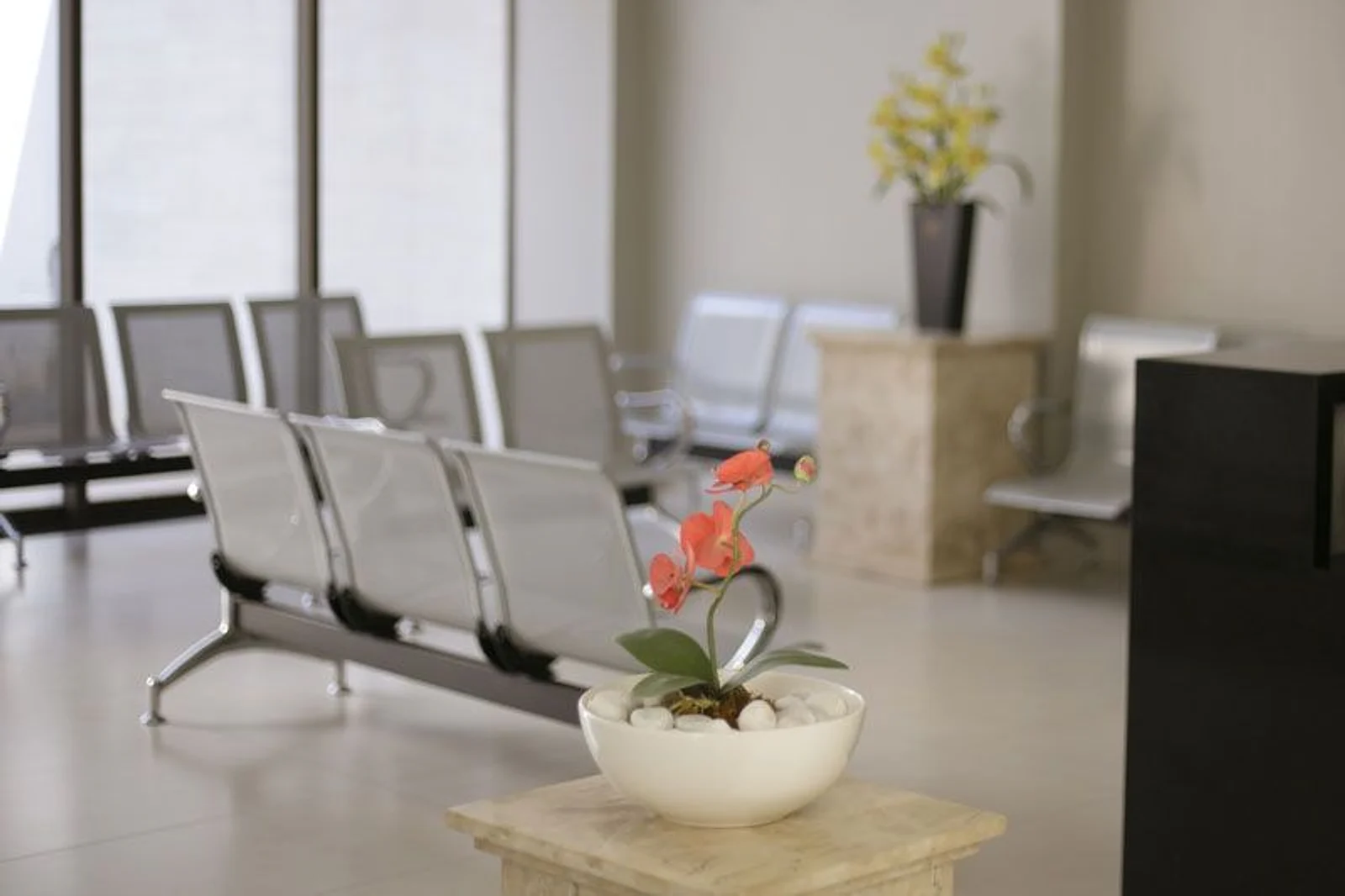 Recepção do consultório: cadeiras de longarina claras, uma orquídea num vaso branco sobre pedestal de mármore e flores amarelas ao fundo